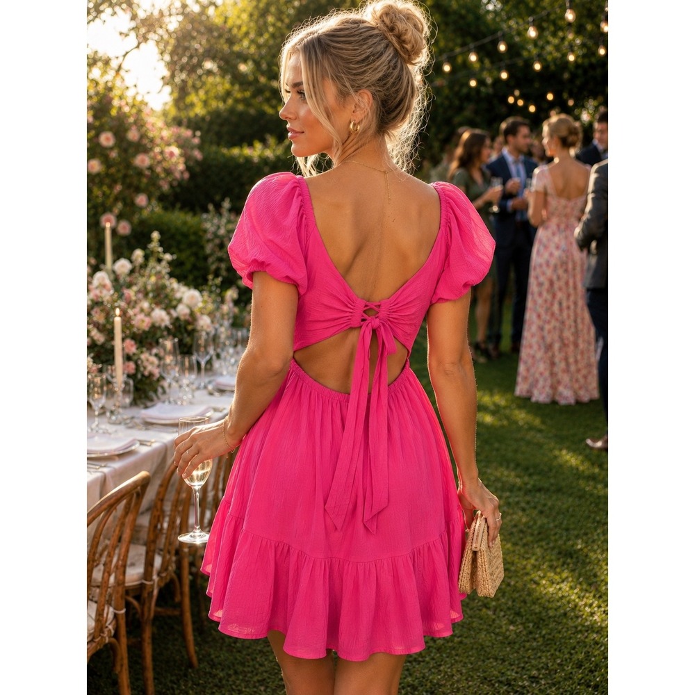 LLove Hot Pink Crinkle Puff Sleeve Cutout Back Mini Dress LVC2919 Mens Size M